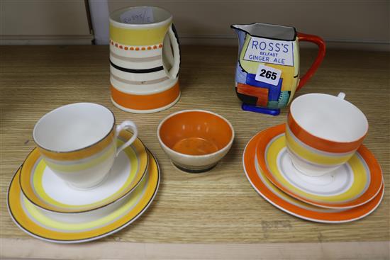 Susie Cooper for Grays pottery, a Rosss Belfast ginger ale jug, a jug and two trios and bowl for Burslem